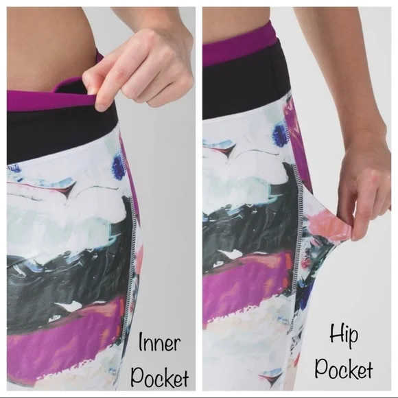 SOLD-Lululemon Printed Fuchsia and Black Watercolor Athletic Running Leggings - Picture 8 of 12